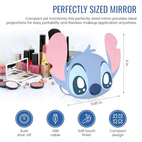 Impressions Vanity Stitch Ohana LED Compact Mirror with Lights, Lighted Travel Makeup Mirror with 3X Magnification, Adjustable Brightness, and Soft Touch Velvety Finish, Auto Shut-Off