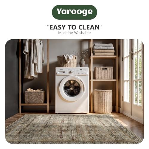 8x10 Charcoal & Olive Washable Area Rug - Vintage Retro Boho Large Carpet, Non Slip, Low Pile for Living Room & Bedroom - Variation of B-Charcoal / Olive