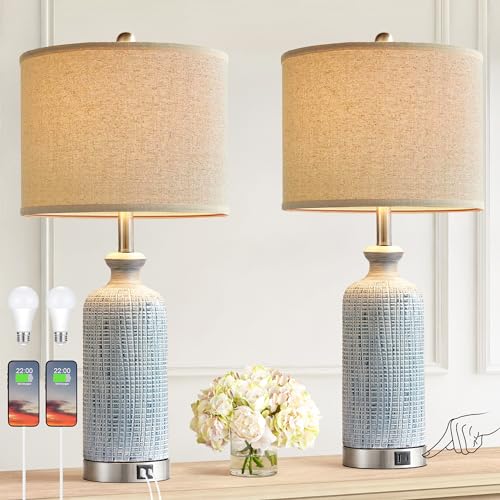 Blue Living Room Lamps Set of 2 - 27 Inch Touch Nightstand Lamps with USB Ports