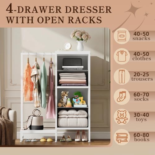 Tall Dresser with Hanging Clothes Rack - White, 44"H, 4 Drawers, Reversible Storage Tower