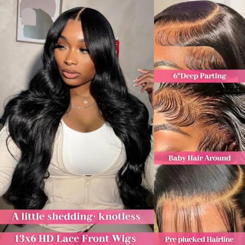 Natural Black 24 Inch 13x6 HD Lace Front Human Hair Wigs Body Wave 200 Density