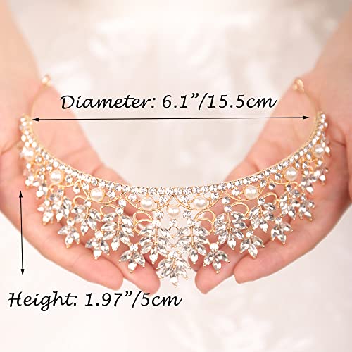 JWICOS Gold Crystal Pearl Tiara Crown for Women Princess Rhinestone Crown Headband for Brides Bridal Wedding Hair Accessories for Brides and Bridesmaid (Gold)