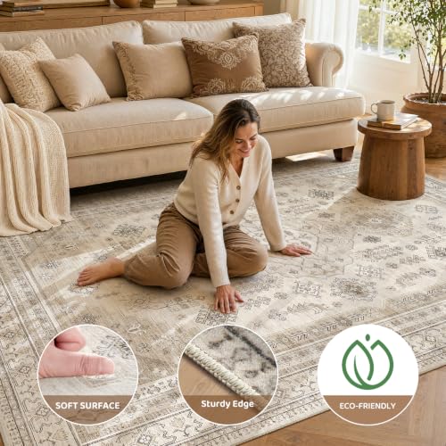 Beige 9x12 Washable Area Rug - Vintage Style, Soft Non-Slip Living Room Carpet