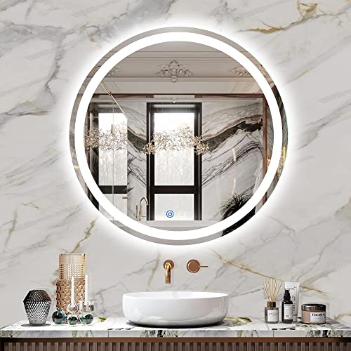 FITLAND 24-Inch Round LED Bathroom Mirror with Anti-Fog Dimmable & 3 Color Temp