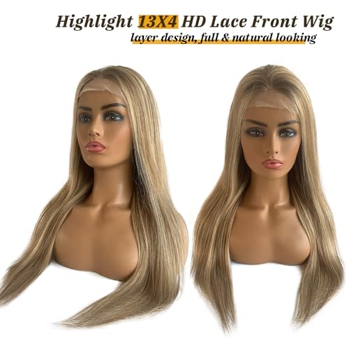 18 Inch Ash Brown Lace Front Wig with Highlights - Human Hair, Glueless, Pre-Plucked, Ombre Blonde & Brown Variation #8T18P60