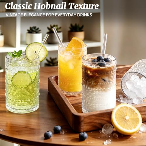 12-Pack Clear 16oz Vintage Hobnail Drinking Glasses Set with Straws - Elegant Home Barware