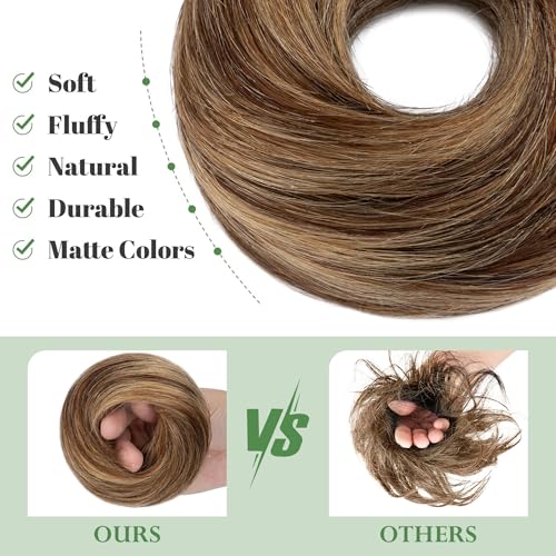 Human Hair Messy Bun Hairpiece with Highlighted Dark Brown and Honey Blonde Variation 4RP27 / L