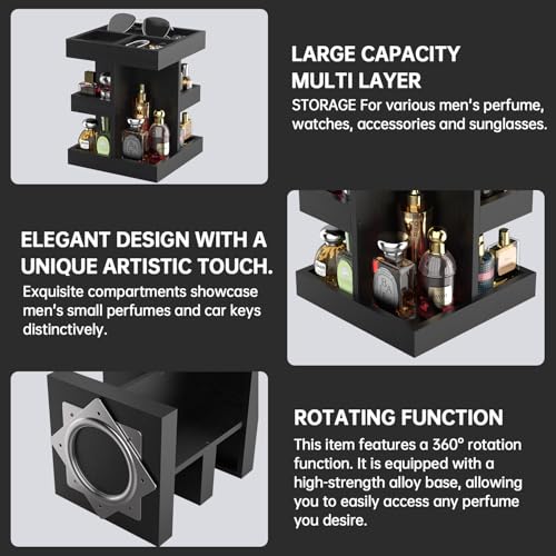 Cologne Organizer for Men Rotating Bathroom Counter Organizer, 3-Tier Solid Wood Storage Caddy, 360-Degree Rotating Stand, Burlywood (Black)