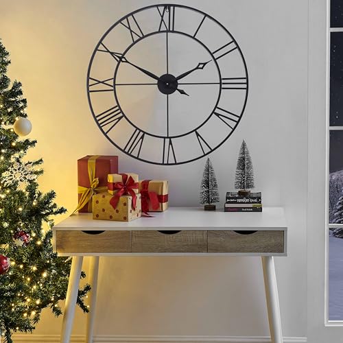 Black Roman Numeral Wall Clock - 30 Inch Industrial Metal Decor - Heavy Duty Large Living Room Clock - Variation of THIS listing
