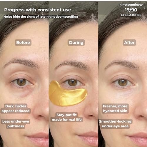 19/90 Under Eye Patches for Dark Circles & Puffiness ? Hydrogel Eye Masks with Caffeine, Niacinamide & Collagen ? Helps Reduce the Look of Bags & Fine Lines, Gold, (15 Pairs)