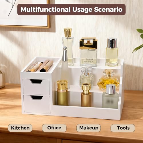 White Wooden Perfume & Makeup Organizer Countertop Rack - 2 Drawers, 3 Tiers