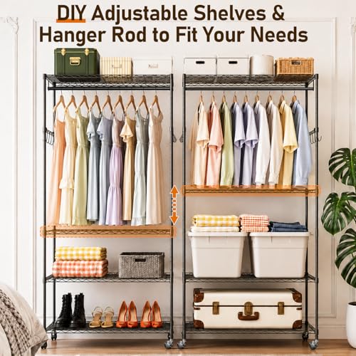 Black Rolling Clothes Rack with 4 Adjustable Shelves - Heavy Duty Portable Closet Organizer