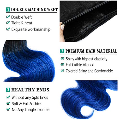 Brazilian Body Wave Ombre Hair Bundles - 1B/Blue 26 Inch Remy Human Hair