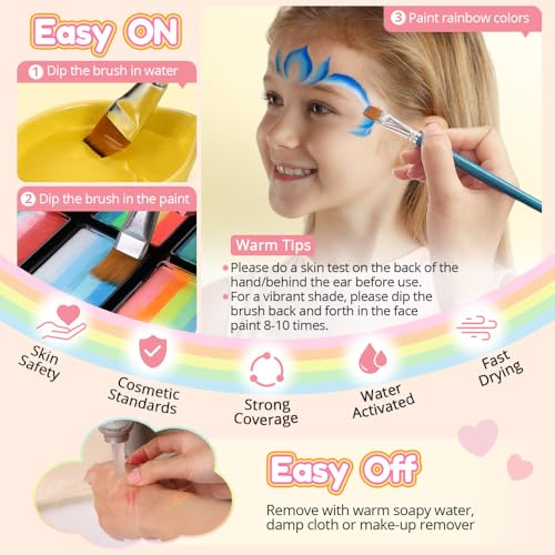 Janolia Rainbow Face Paint Kit - Water Activated, Split Cake Face Paint, Ideal for Kids Party, Halloween, Carnival, Easter