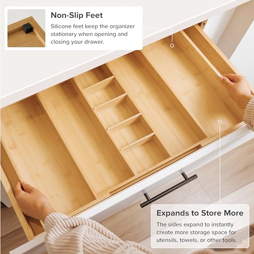 KitchenEdge Bamboo Drawer Organizer - Adjustable 16-28 Inch Kitchen Utensil Tray