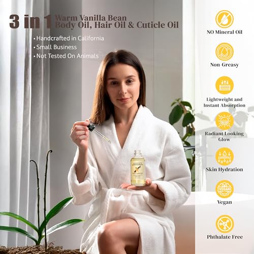 Warm Vanilla Bean Body Oil - Moisturizing Body Oil for Soft, Glowing Skin with Almond & Jojoba Oil (4 fl oz)