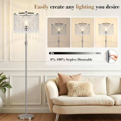 Dimmable Crystal Floor Lamp with Chrome-Clear Shade, LED Bulb Included, Tall Silver Standing Lamp for Living Room Bedroom Office