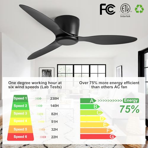 42-Inch Black Ceiling Fan No Light with Remote Control - Quiet, Moisture-Proof, 6-Speed