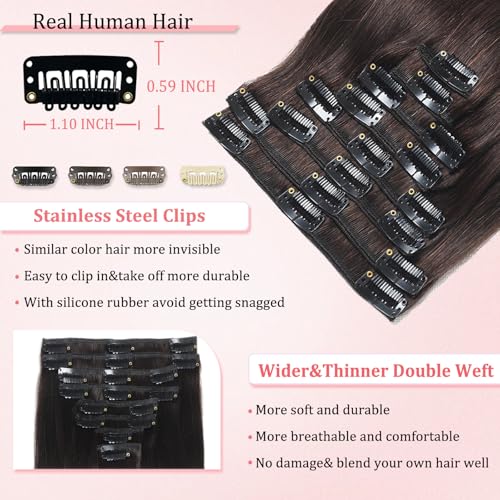 Dark Brown 16-Inch Remy Clip-In Hair Extensions - Natural Human Hair Set, 8pcs