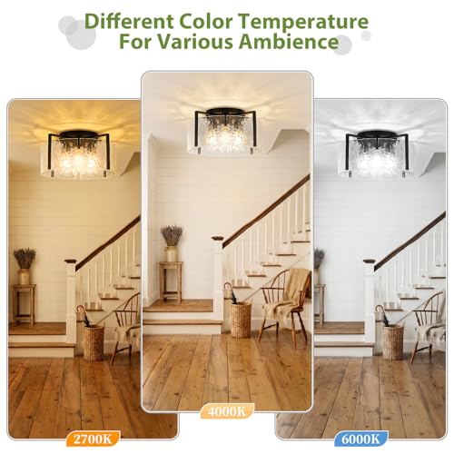 Black 16-Inch Semi-Flush Mount Ceiling Light with Hammered Glass Drum Fixture