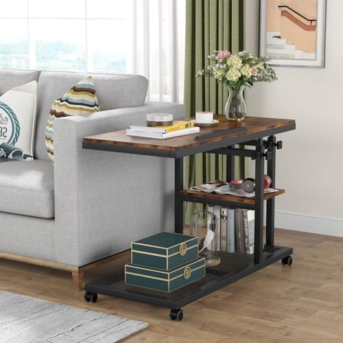 Height Adjustable C-Shaped Snack Side Table with Wheels - Rustic Brown