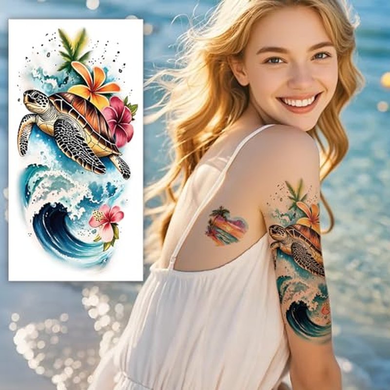 48 Sheets Full Arm Temporary Tattoos for Adults - Waterproof Tropical Summer Beach Party Fake Tattoo Stickers - Hawaiian Floral Palm Sunset Designs for Women Men