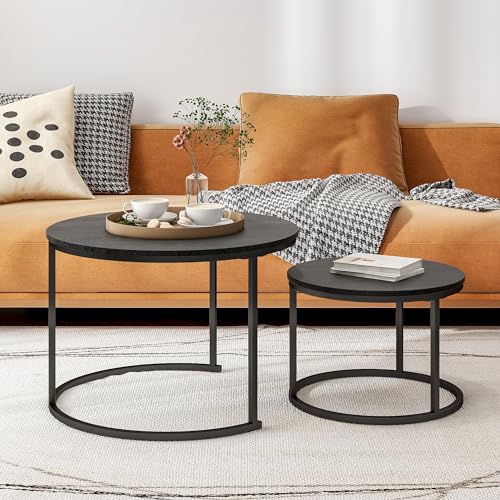 HOJINLINERO Black Nesting Coffee Table Set of 2 - Space-Saving Wooden Cocktail Tables