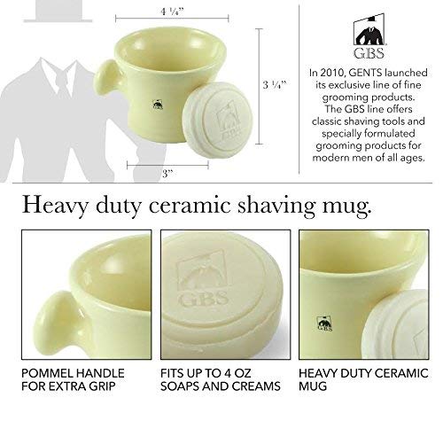 G.B.S Heavy Duty Ceramic Shaving Mug with Pommel Handle - 3 Oz Ivory with Natural Soap