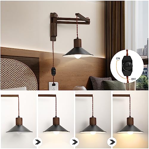 Black Wood Plug-in Wall Lamp with Adjustable Swing Arm - Farmhouse Bedroom Lighting
