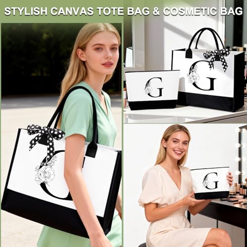Birthday Gifts for Women, Personalized Mother¡¯s Day Gift for Women, Monogrammed Initial Gift for Her Teacher Wife Mom Friend Daughter Sister Girlfriend, Initial Tote Bag & Makeup bag (G)