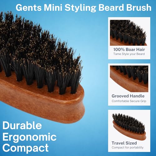 Gents Wood Small Travel Beard Brush - Natural Boar Bristles with Wooden Grooved Handle Mini Size Portable (Small, 3, Count)