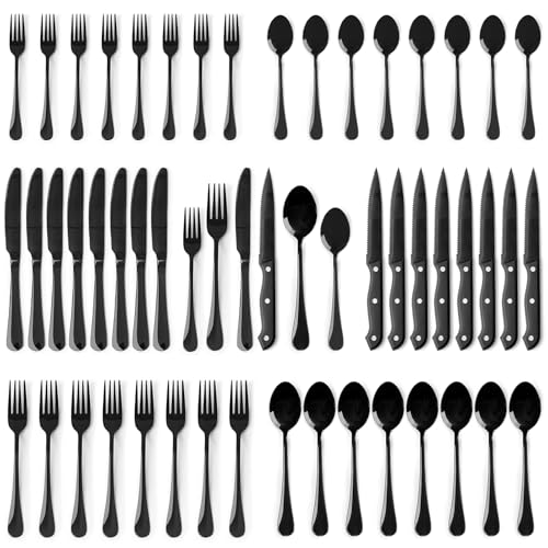 48-Piece Silverware Set with Steak Knives - Black Flatware for 8 - Food-Grade Stainless Steel - Elegant Mirror Finish