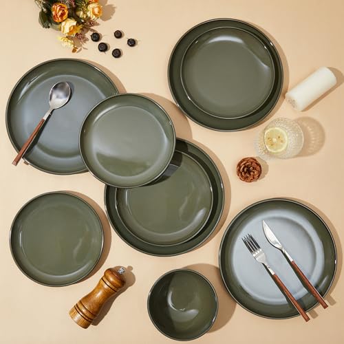 Pokini 12-Piece Stoneware Dinnerware Set for 4, Reactive Glaze, Blackish Green