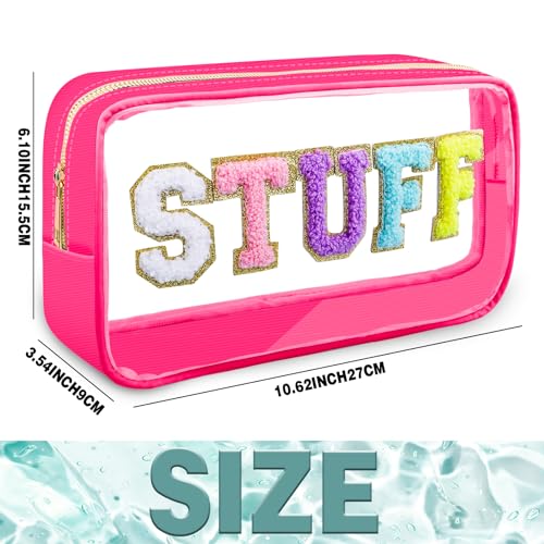 Preppy Patch STUFF Makeup Bag Chenille Letter Cosmetic Bag for Women, Transparent PVC Zipper Patch Bags Organizer Waterproof Portable Travel Makeup Bag for Women Girls Teens(Pink)