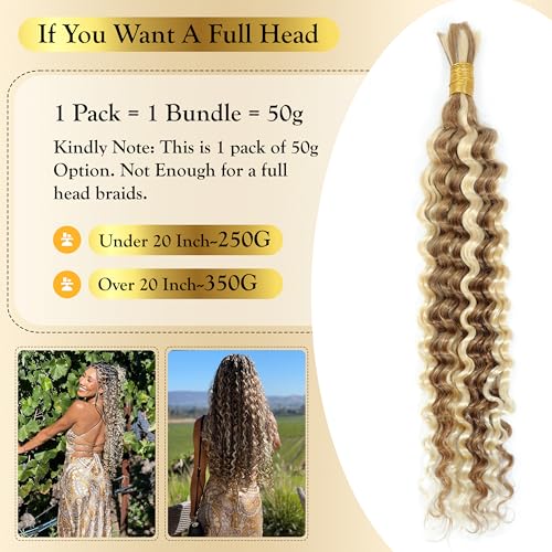 Syrenlore 14 Inch Deep Wave Bulk Human Hair for Boho Braids - Multi Blonde Highlights, 50g