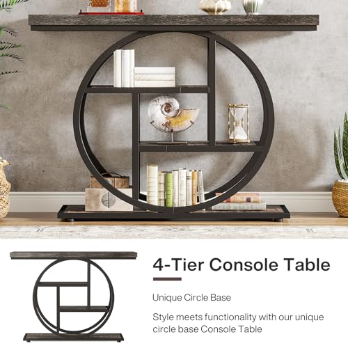 Charcoal Black Industrial Console Table with Circle Base, 4-Tier Narrow Sofa Entryway