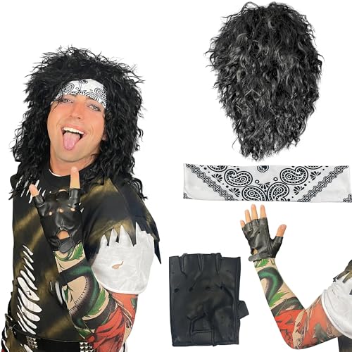 80's Rock Star Costume Men - Black Wig with Headband, Tattoo Sleeve & Glove - 80s Metal Rocker Outfit Variation of THIS listing