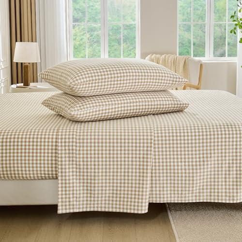 Pure Era Brown Gingham King Sheets Set - 100% Washed Cotton Linen-Like