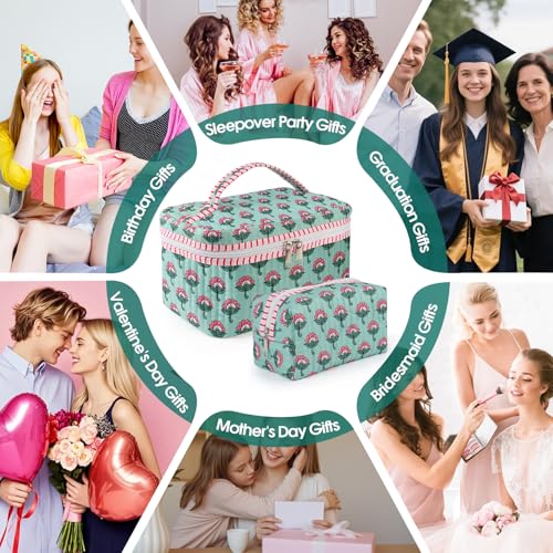 Pink Ice Green Floral Quilted Makeup Bag Set - Travel Cosmetic Bags for Women & Girls