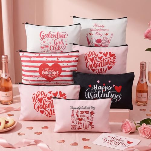 FoldTier 9 Pcs Galentine's Day Gift Bags Set – 9.1 x 5.9 in Canvas Zip Bags for Friends
