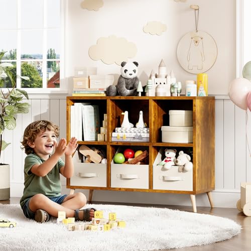 Rustic Brown 6-Cube Storage Organizer with Legs, Fits 11-Inch Bins, Modern Freestanding Bookcase