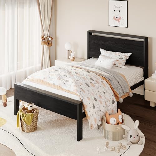 SHA CERLIN 14 Inch Twin Metal Platform Bed Frame with Wooden Headboard - Black Oak