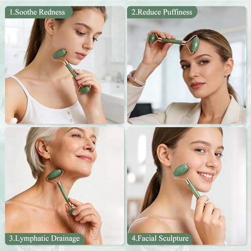 Smooth Face Roller - 100% Natural Brazilian Dongling Jade Massager for Puffy Eyes - Quiet Integrated Frame - Beauty Tool with Gift Packaging