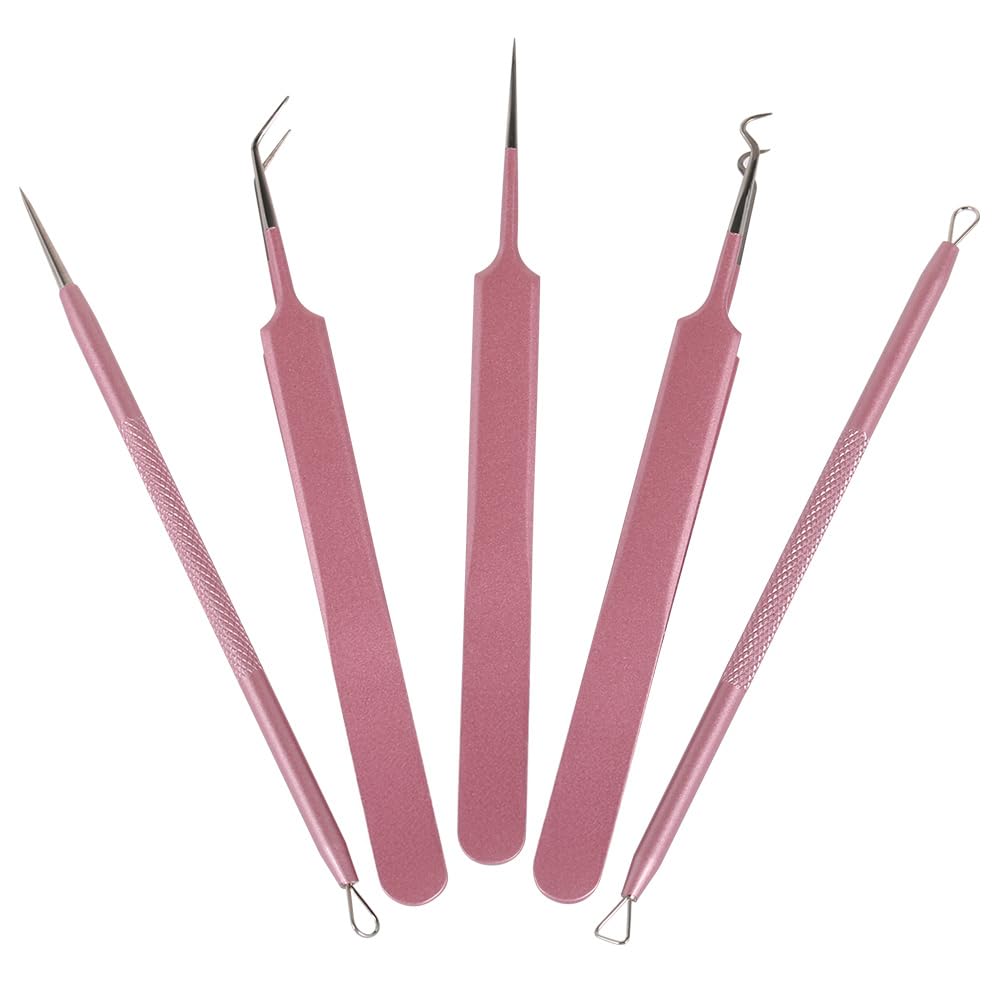 GIHWRRIProfessional Blackhead Removal Tool Set, 5 Piece Stainless Steel Comedone Extractors, Pink