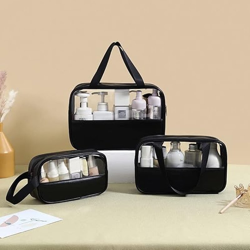 Clear Makeup Bag, Large Clear Toiletry Bag for Travel, Portable Toiletry Bag for Men, Water-repellent Travel Bag Set of 3 (Solid Black)