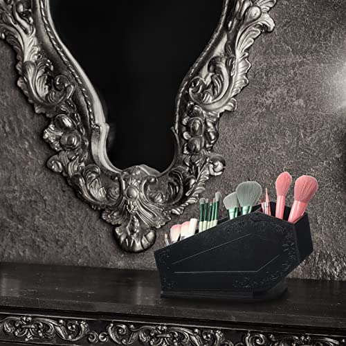Maitys Coffin Makeup Brush Holder Gothic Wooden Organizer Spooky Coffin Case Gifts for Women Cosmetic Display Cases Spooky Home Office Pencil Brushes Organizer Bathroom Christmas Decor Accessories