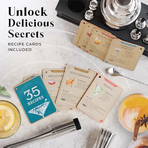 Mixology Bartender Kit with 24oz Silver/Black Cobbler Shaker & Recipe Cards