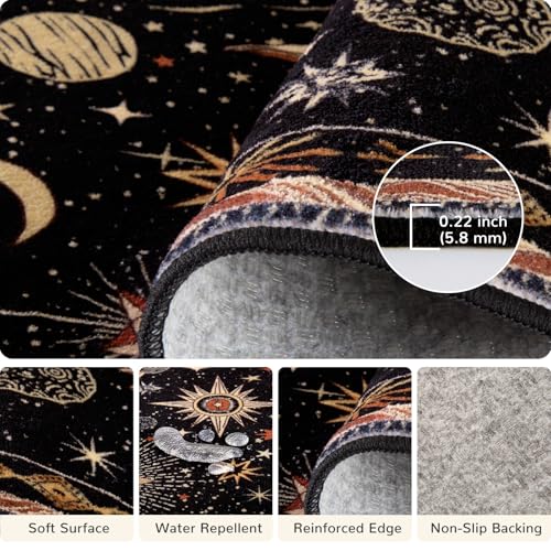 6x9 Black Gold Beige Red Washable Area Rug - Sun Moon Pattern, Vacuum-Friendly