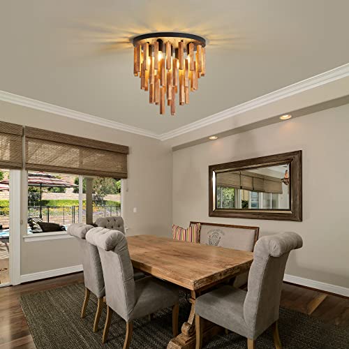 5-Light Semi Flush Mount Ceiling Light Fixture Rustic Wood Black Farmhouse Chandelier