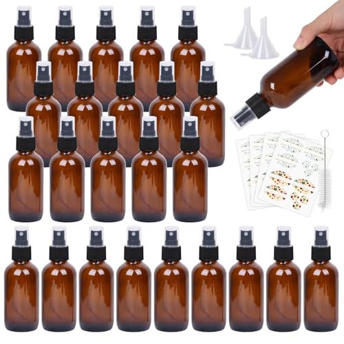 EkkoVla 24 Pack 4 oz Amber Spray Bottles with Fine Mist Sprayer, 120 ml Glass Travel Bottles for Cosmetic Essential Oils Cleaning Solutions Perfumes and Liquids